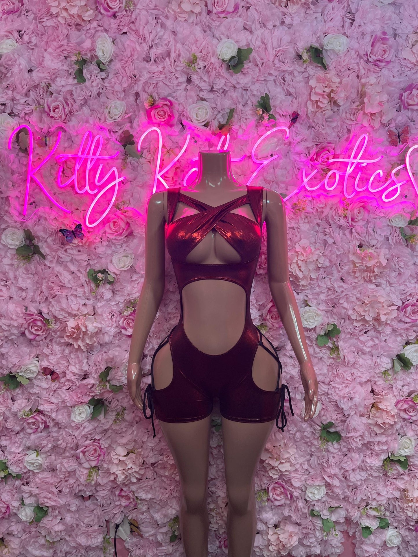 Bottle Girl One-Piece Bodysuit - Cherry Red Metallic Design | Exotic Dancewear for Performers, Raves, & Nights Out