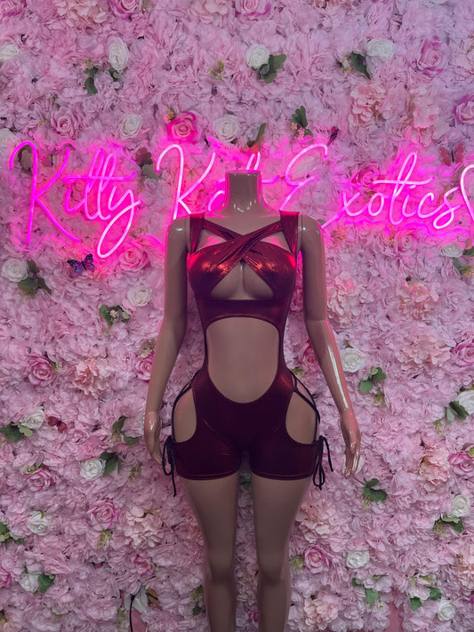 Bottle Girl One-Piece Bodysuit - Cherry Red Metallic Design | Exotic Dancewear for Performers, Raves, & Nights Out