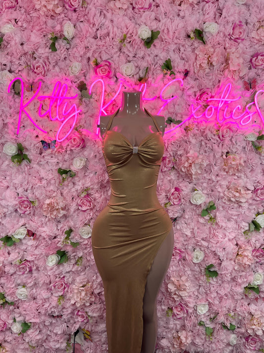 Gold Gown Exotic Dancewear   Elegant and Sexy Evening Dress for Performers, Events, or Special Occasions
