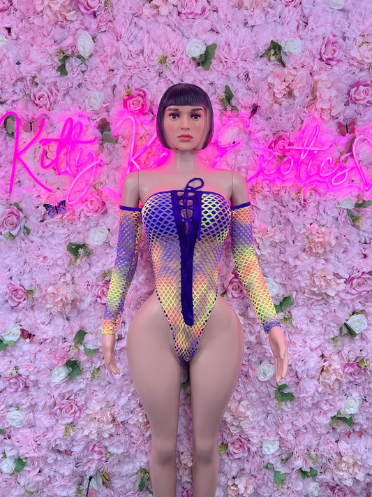 One-Piece Muliticolor Fishnet Bodysuit  Dancewear Festival Wear Ravewear Festive