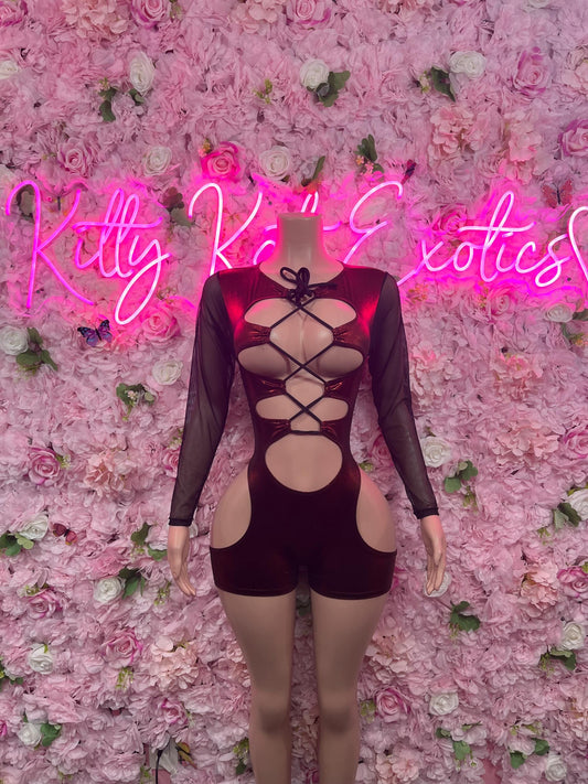Bottle Girl One-Piece Bodysuit -  Red Metallic Design | Exotic Dancewear for Performers, Raves, & Nights Out