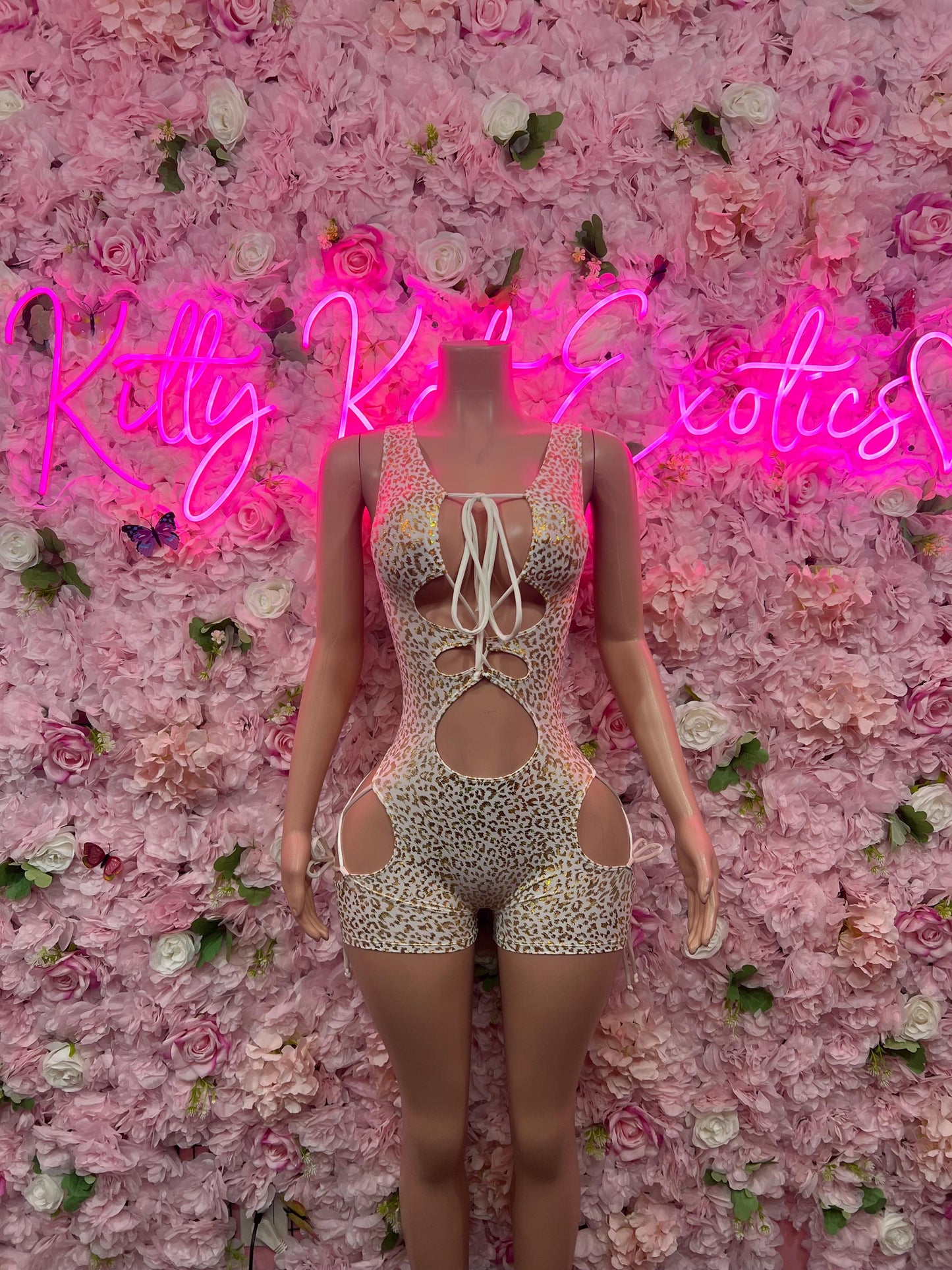 Bottle Girl One-Piece Bodysuit -  White gold Cheetah  Design | Exotic Dancewear for Performers, Raves, & Nights Out