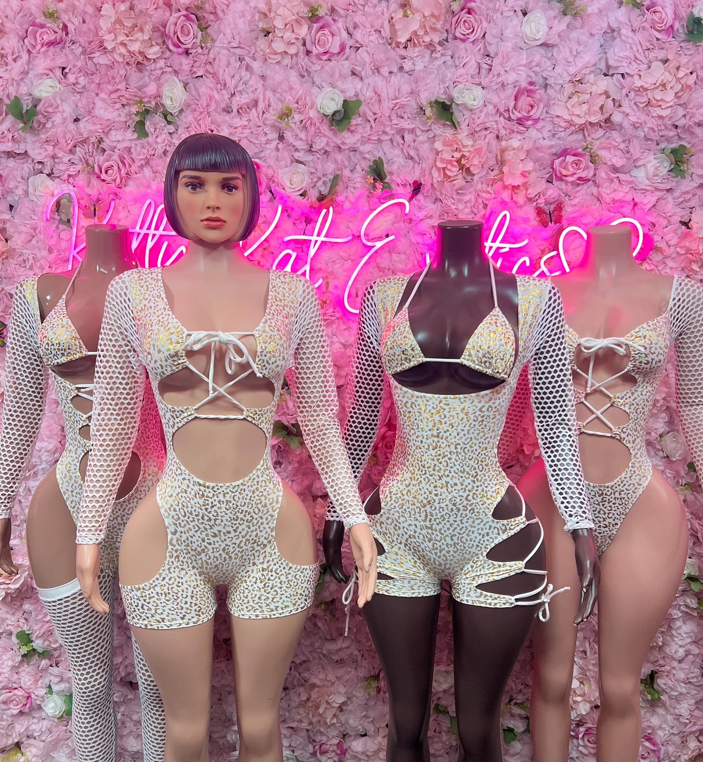 Bottle Girl One-Piece Bodysuit -  White gold Cheetah  Design | Exotic Dancewear for Performers, Raves, & Nights Out