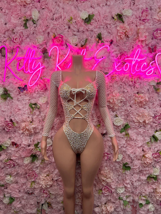 Bottle Girl One-Piece Bodysuit -  White gold Cheetah  Design | Exotic Dancewear for Performers, Raves, & Nights Out