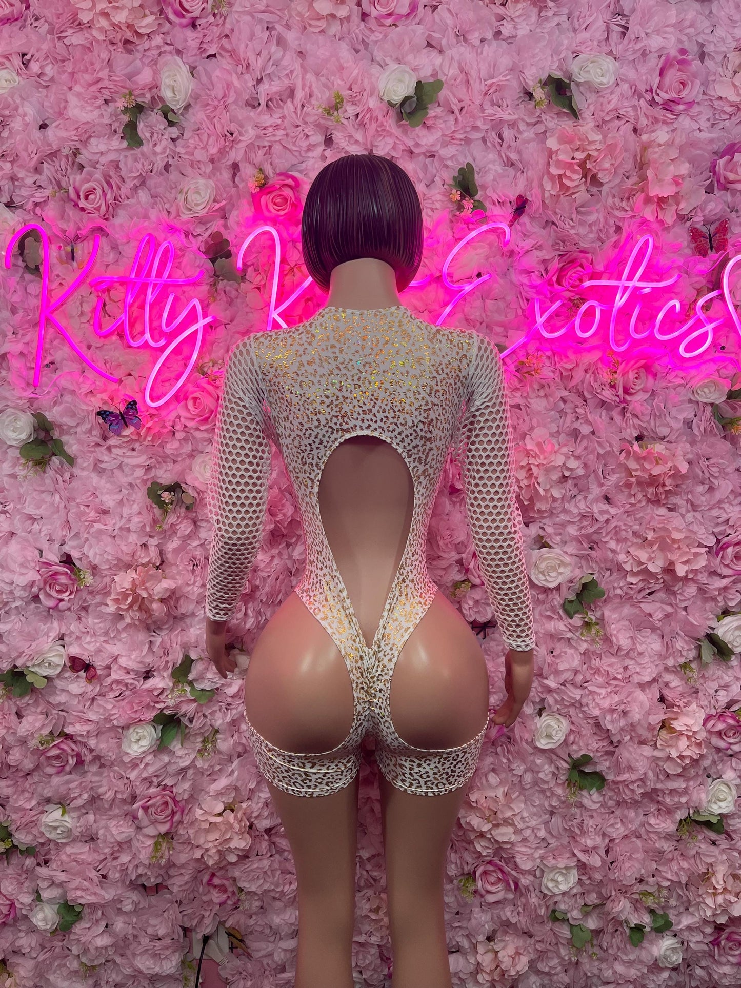 Bottle Girl One-Piece Bodysuit -  White gold Cheetah  Design | Exotic Dancewear for Performers, Raves, & Nights Out