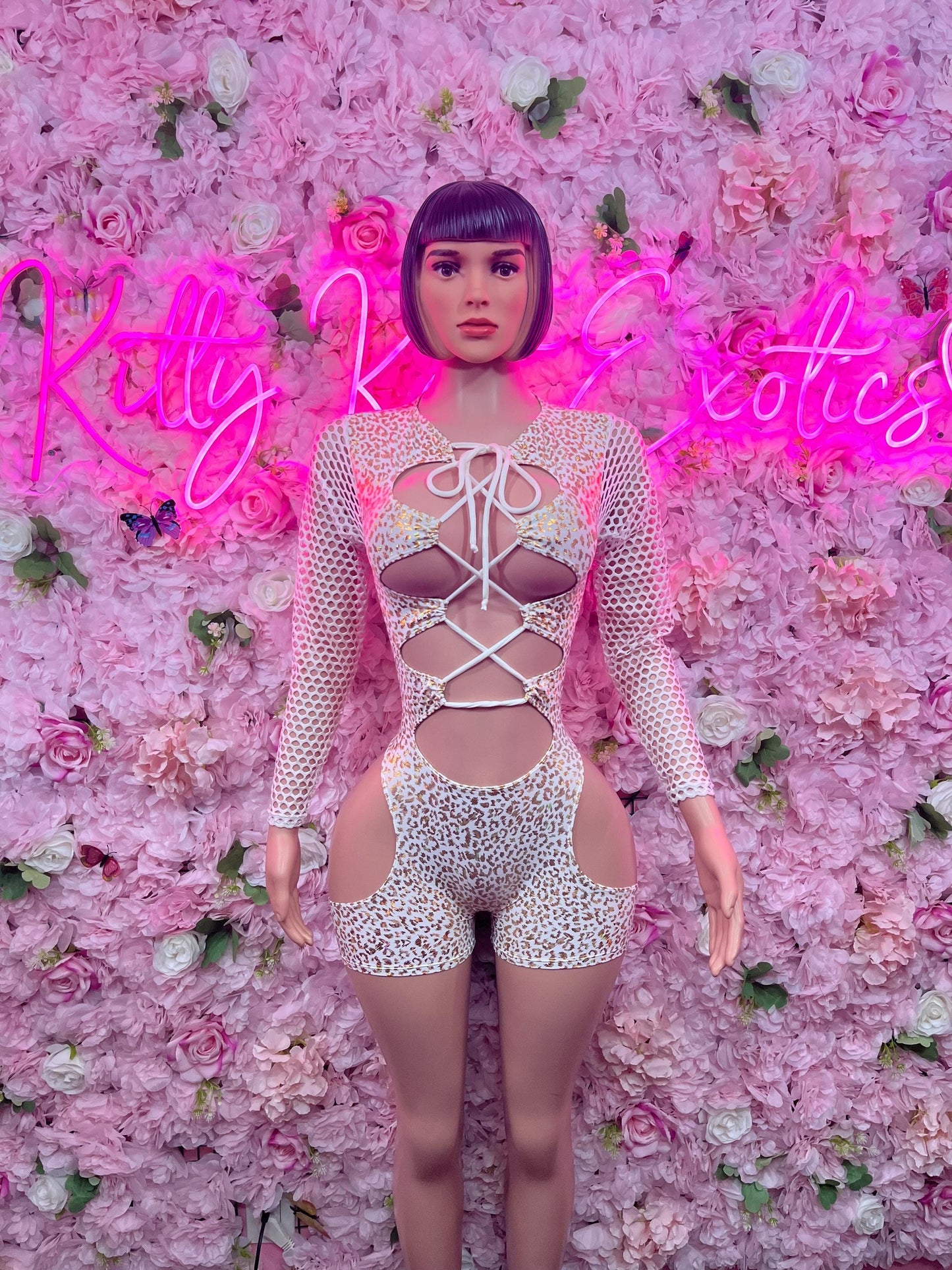 Bottle Girl One-Piece Bodysuit -  White gold Cheetah  Design | Exotic Dancewear for Performers, Raves, & Nights Out