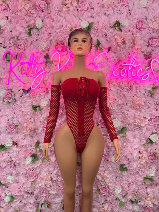 Valentines Day Ravewear One-Piece Red Fishnet Bodysuit  Dancewear Festival Wear Ravewear Festive