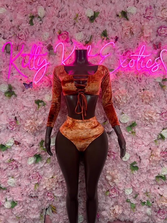 Ravewear Two-Piece Velvet Orange  Exotic Dancewear for Performers, Raves, or Night Out | Bottle girl Outfits