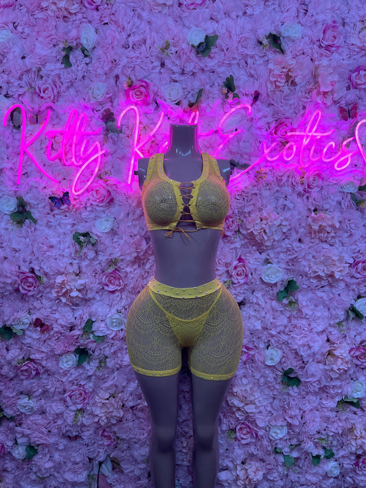 Womens Clothing Exotic Dancewear Two Piece Fishnet Yellow Dancewear Exotic Wear Festival Wear