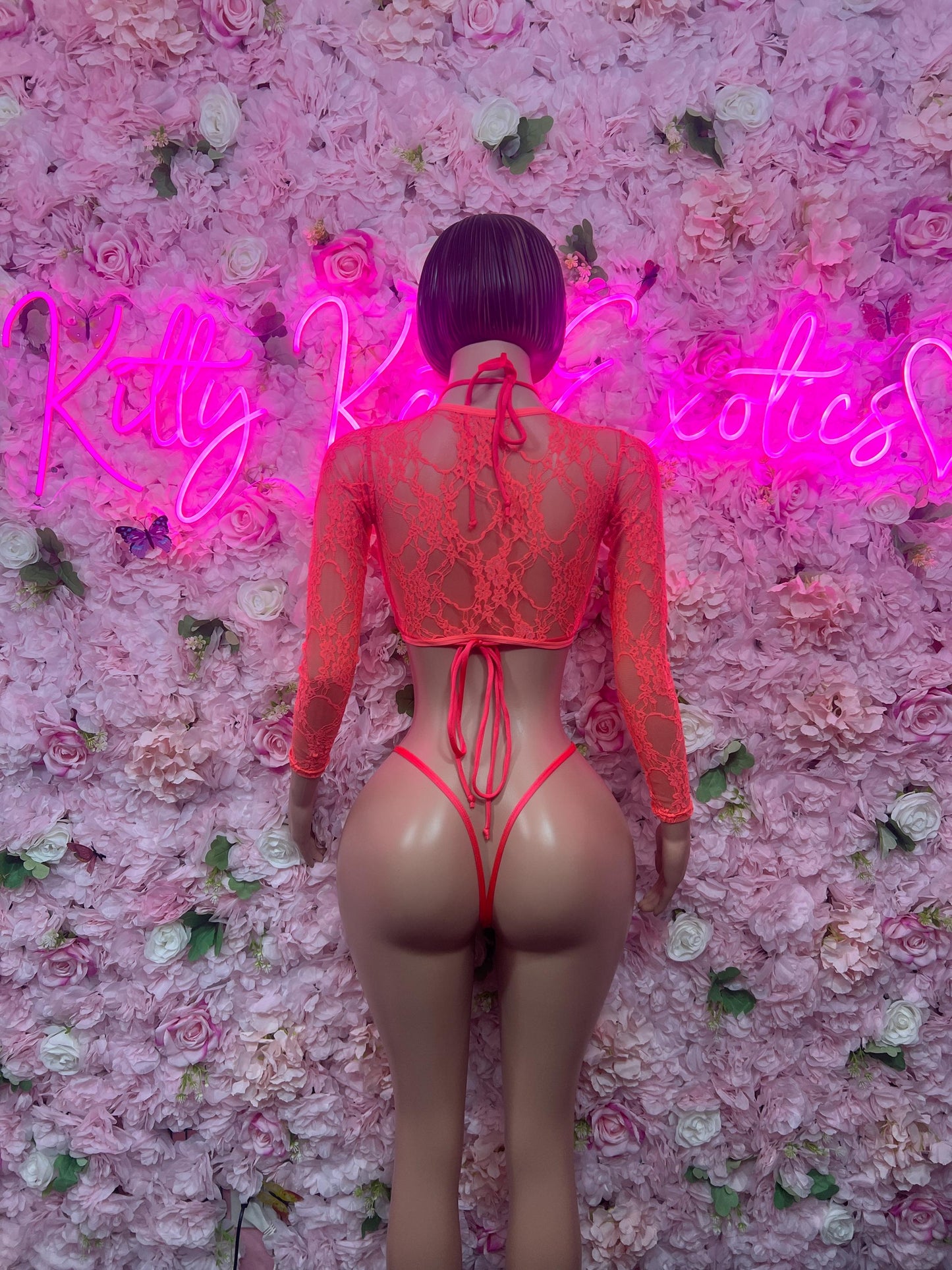 Coral red lace long-sleeve back view two-piece with crisscross tie straps