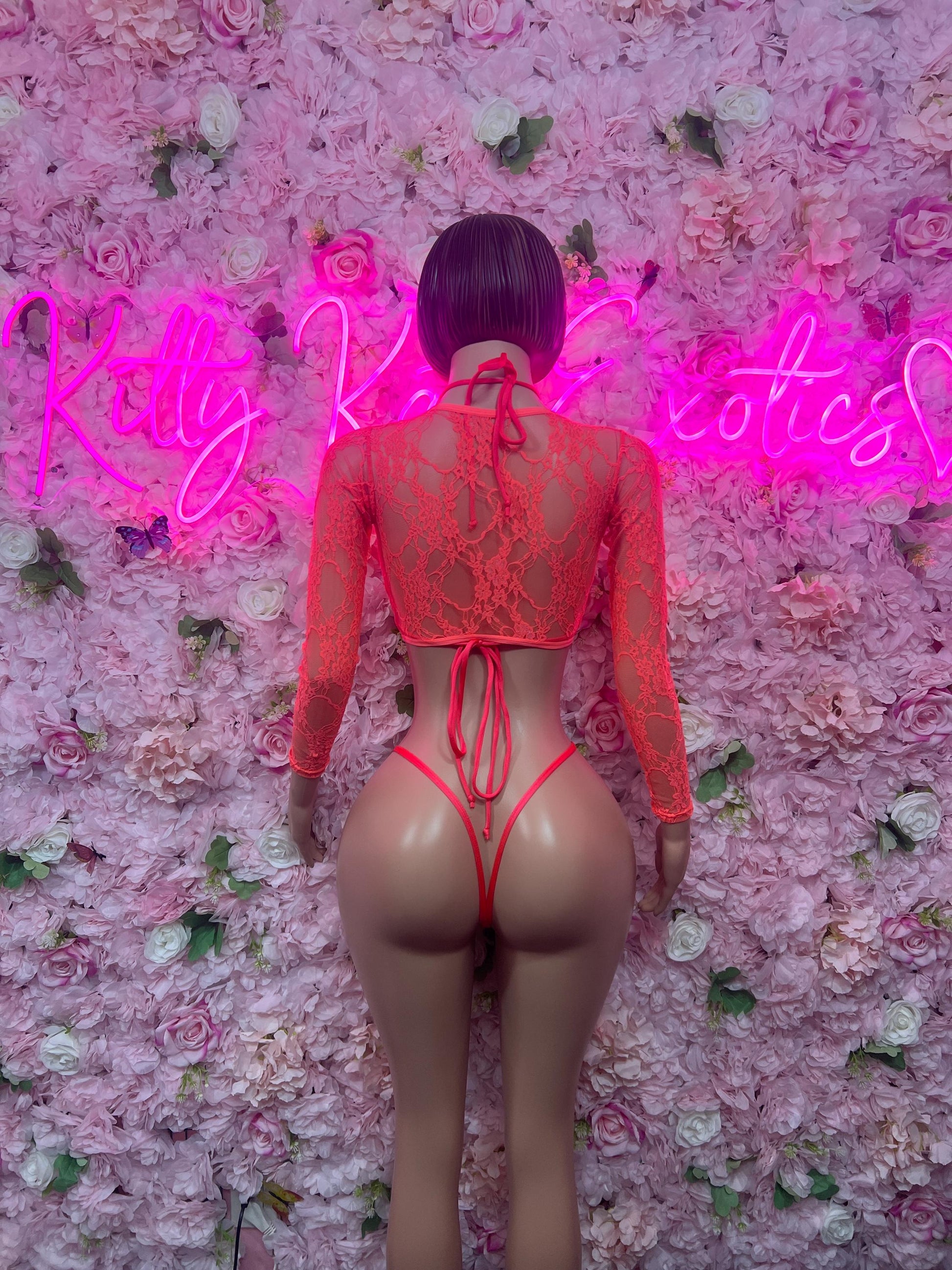 Coral red lace long-sleeve back view two-piece with crisscross tie straps