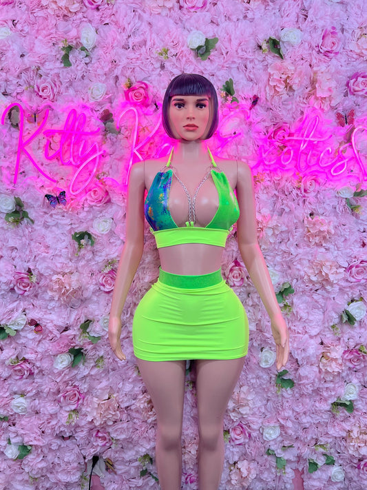 Exotic Dancewear Two Piece Neon Green Bottlegirl Ravewear Festival wear Beach wear