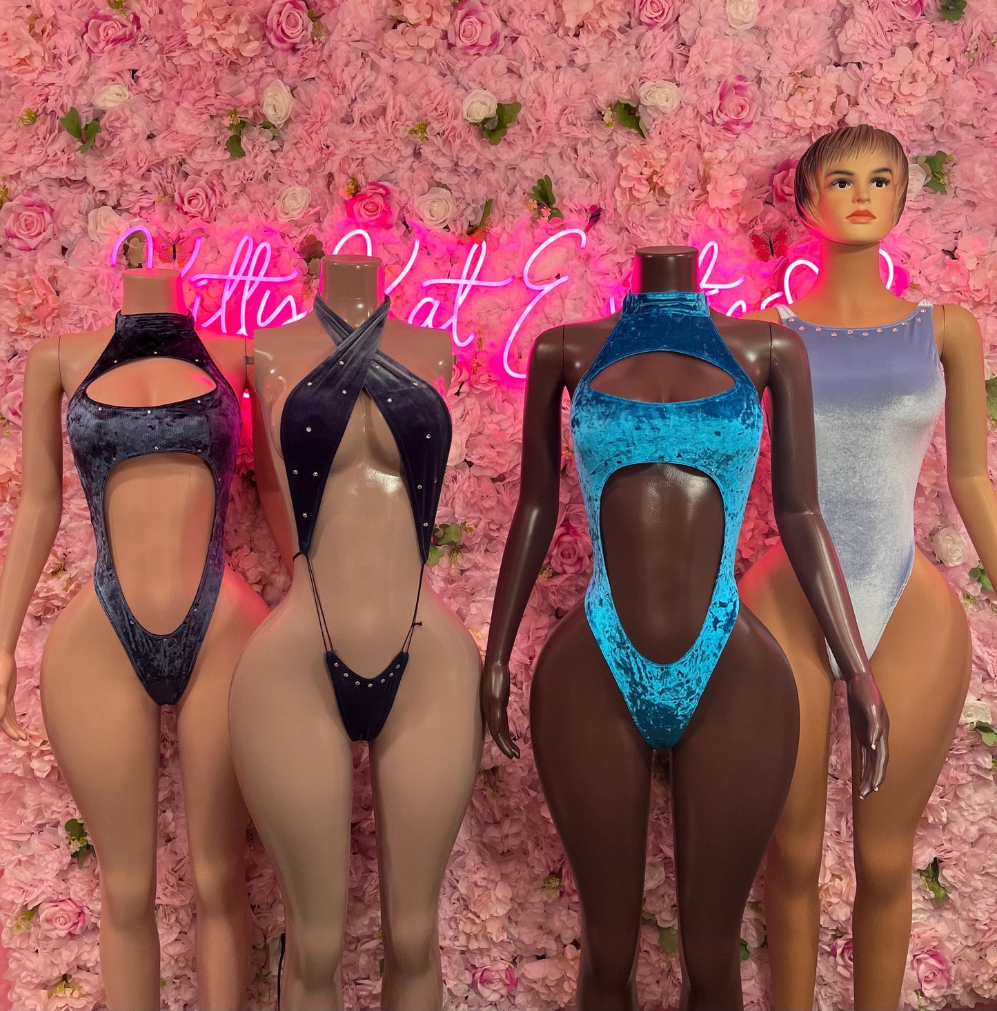 Exotic Dancewear One Piece Navy Blue Velvet Slingshot Ravewear Bottlegirl Bartender Outfit