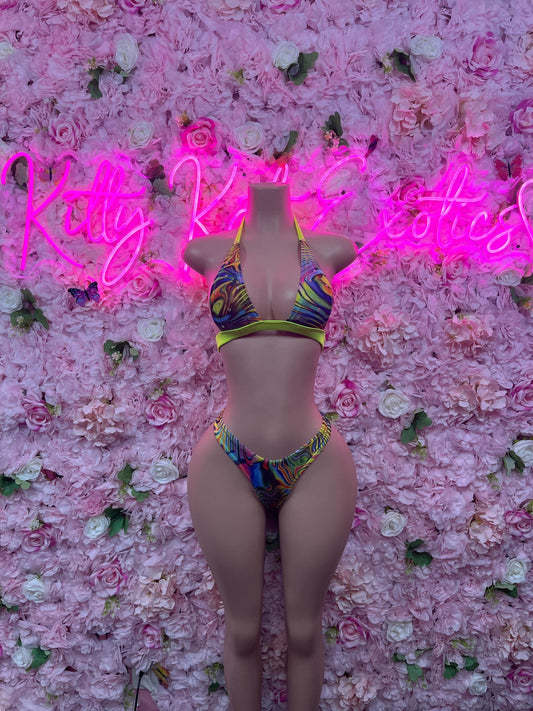 Ravewear Two Green Multicolor Bikini  Exotic Dancewear for Performers, Raves, or Night Out | Sexy and Flattering Style