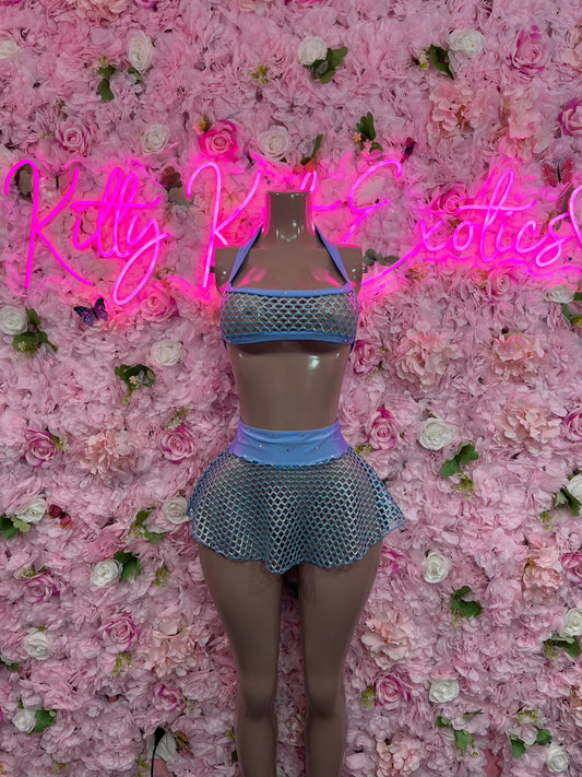 Ravewear Two-Piece Blue Skirt Set  Fishnet  Exotic Dancewear for Performers, Raves, or Night Out | Bottle girl Outfits