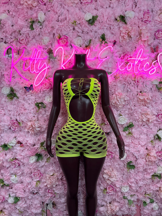 Exotic Dancewear Two Piece Neon Fishnet Festival wear Ravewear Sexy Dancewear