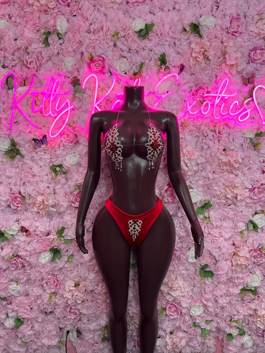 Valentines Day Dance Costume Two Piece Red Rhinestone  Festival Wear Exotic Ravewear Costume Performer Outfit