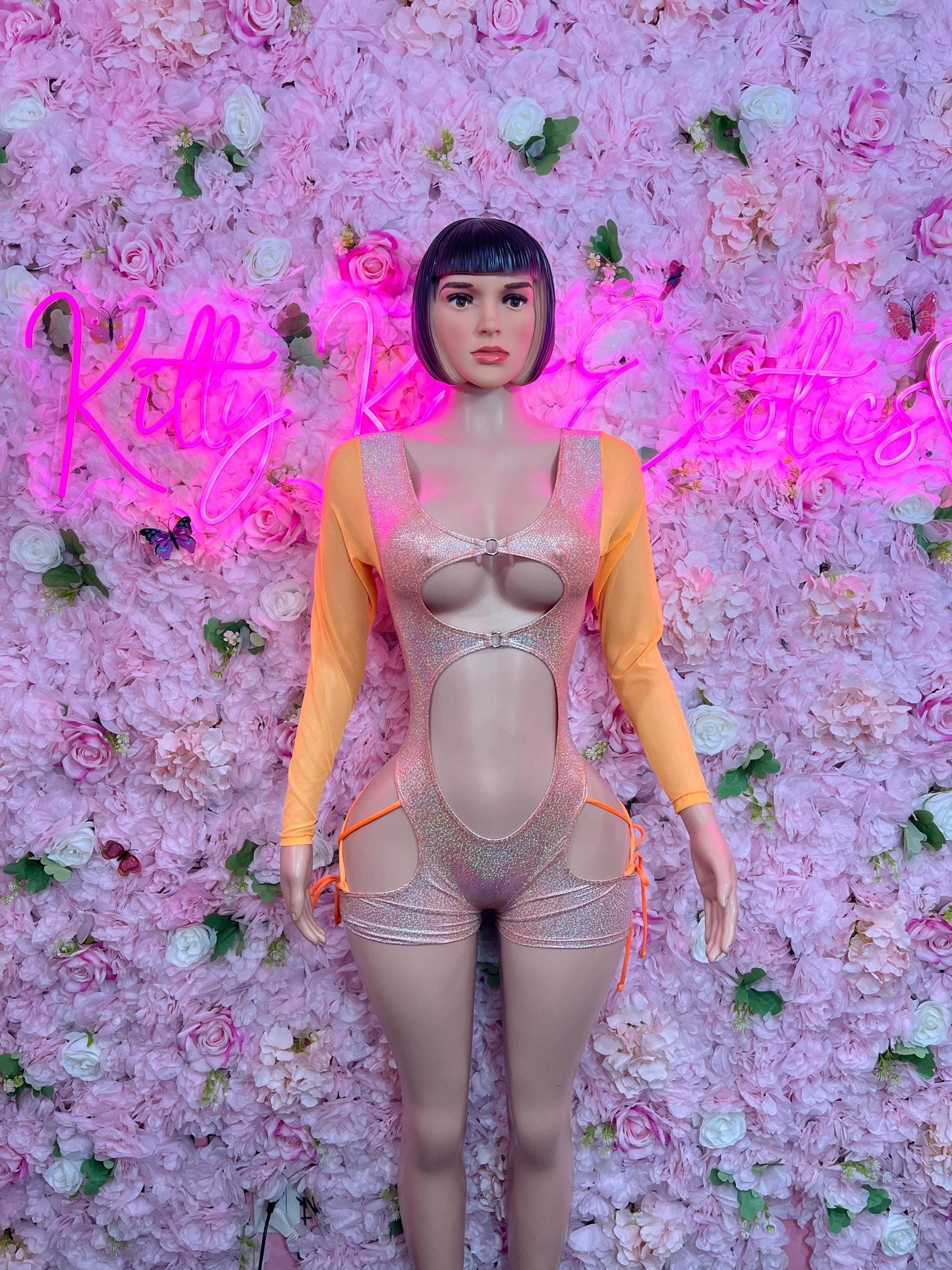 New Years Eve Bottle Girl One-Piece Bodysuit - Orange Rainbow Metallic Cheetah Design | Exotic Dancewear for Performers, Raves, & Nights Out