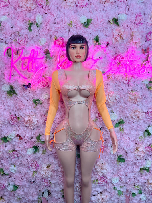 New Years Eve Bottle Girl One-Piece Bodysuit - Orange Rainbow Metallic Cheetah Design | Exotic Dancewear for Performers, Raves, & Nights Out