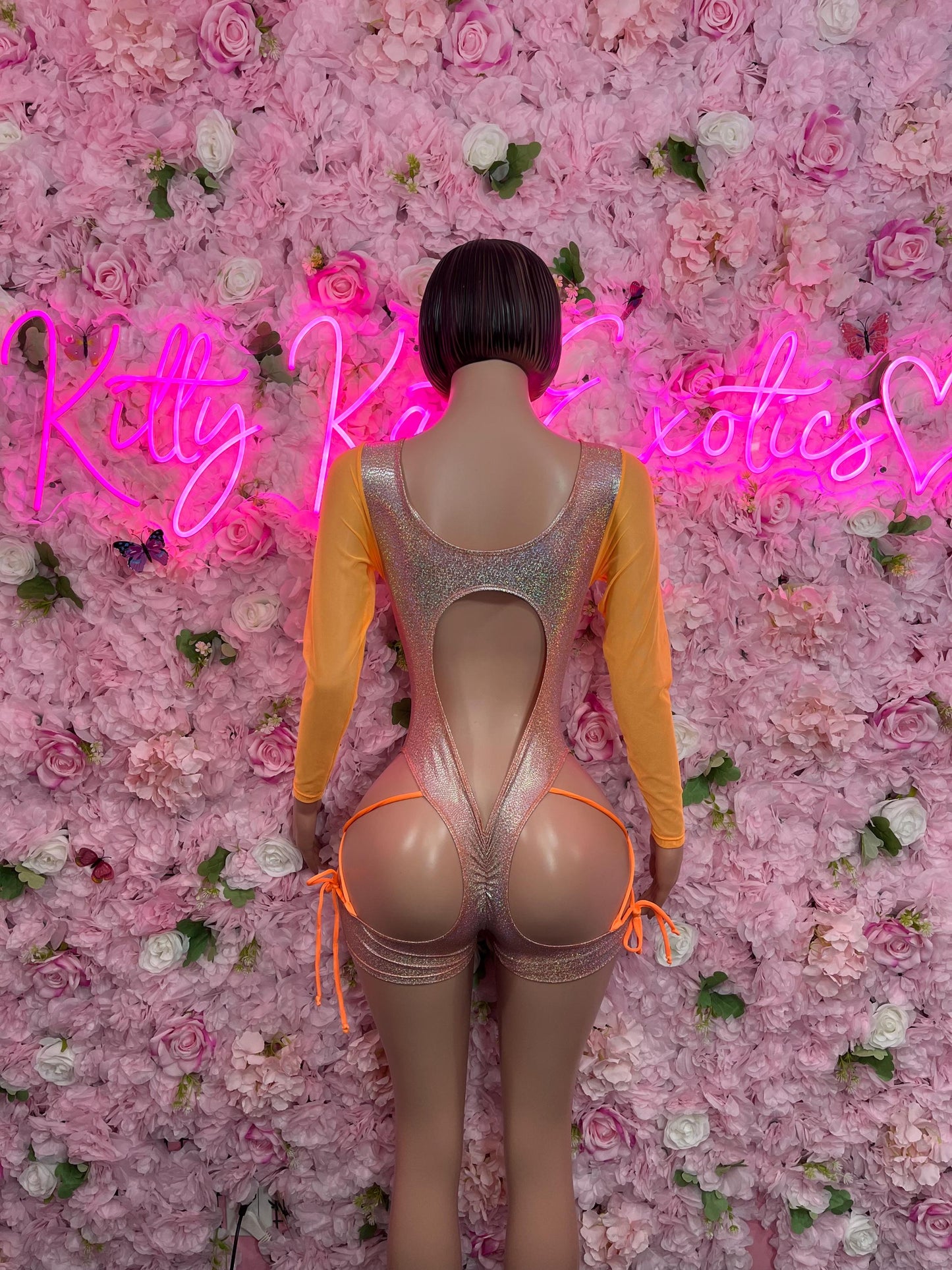 Bottle Girl One-Piece Bodysuit - Orange Rainbow Metallic Cheetah Design | Exotic Dancewear for Performers, Raves, & Nights Out