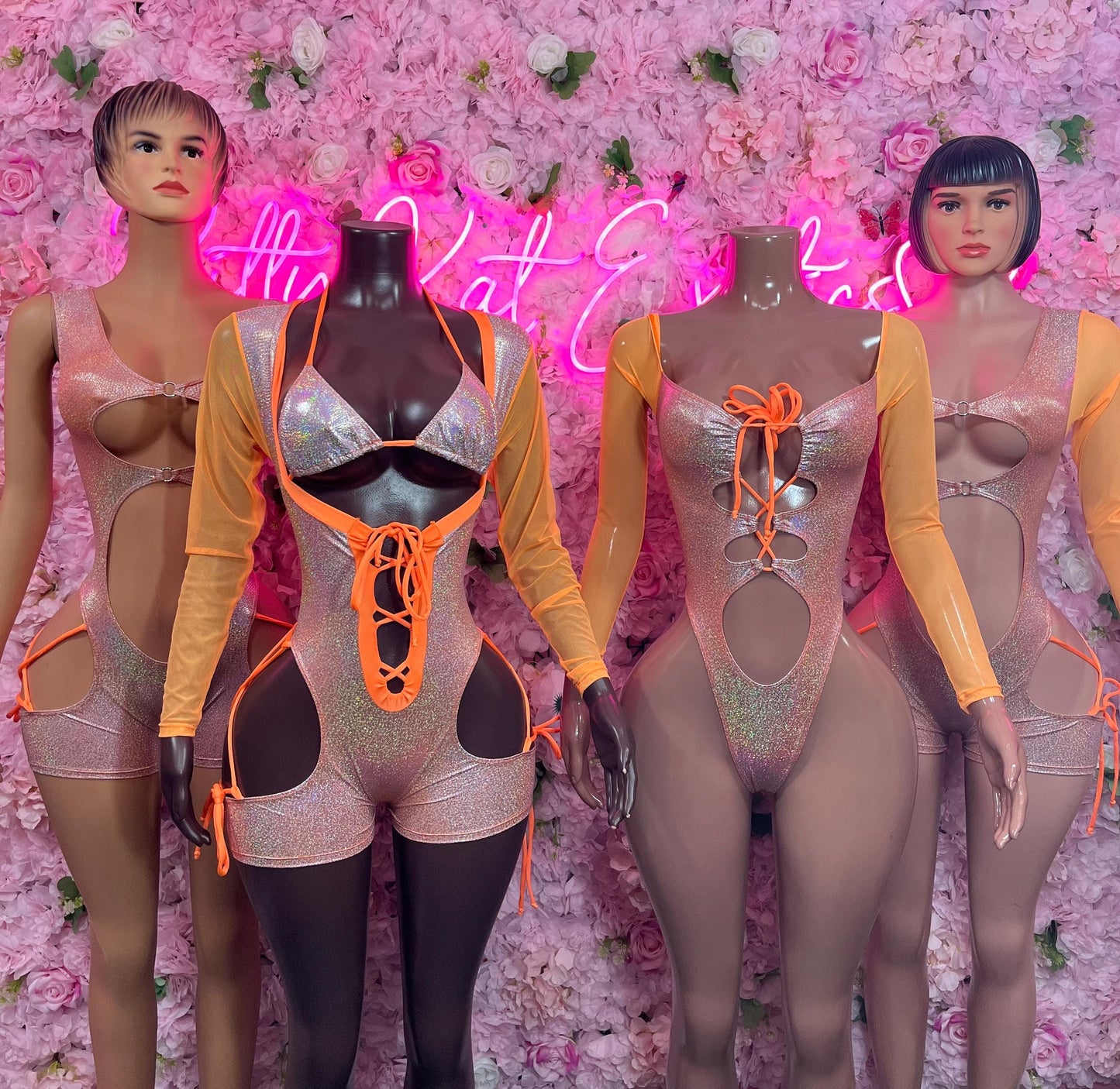 Bottle Girl One-Piece Bodysuit - Orange Rainbow Metallic Cheetah Design | Exotic Dancewear for Performers, Raves, & Nights Out