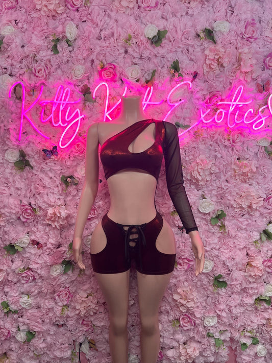 Bottle Girl One-Piece Bodysuit - Cherry Red Metallic Design | Exotic Dancewear for Performers, Raves, & Nights Out