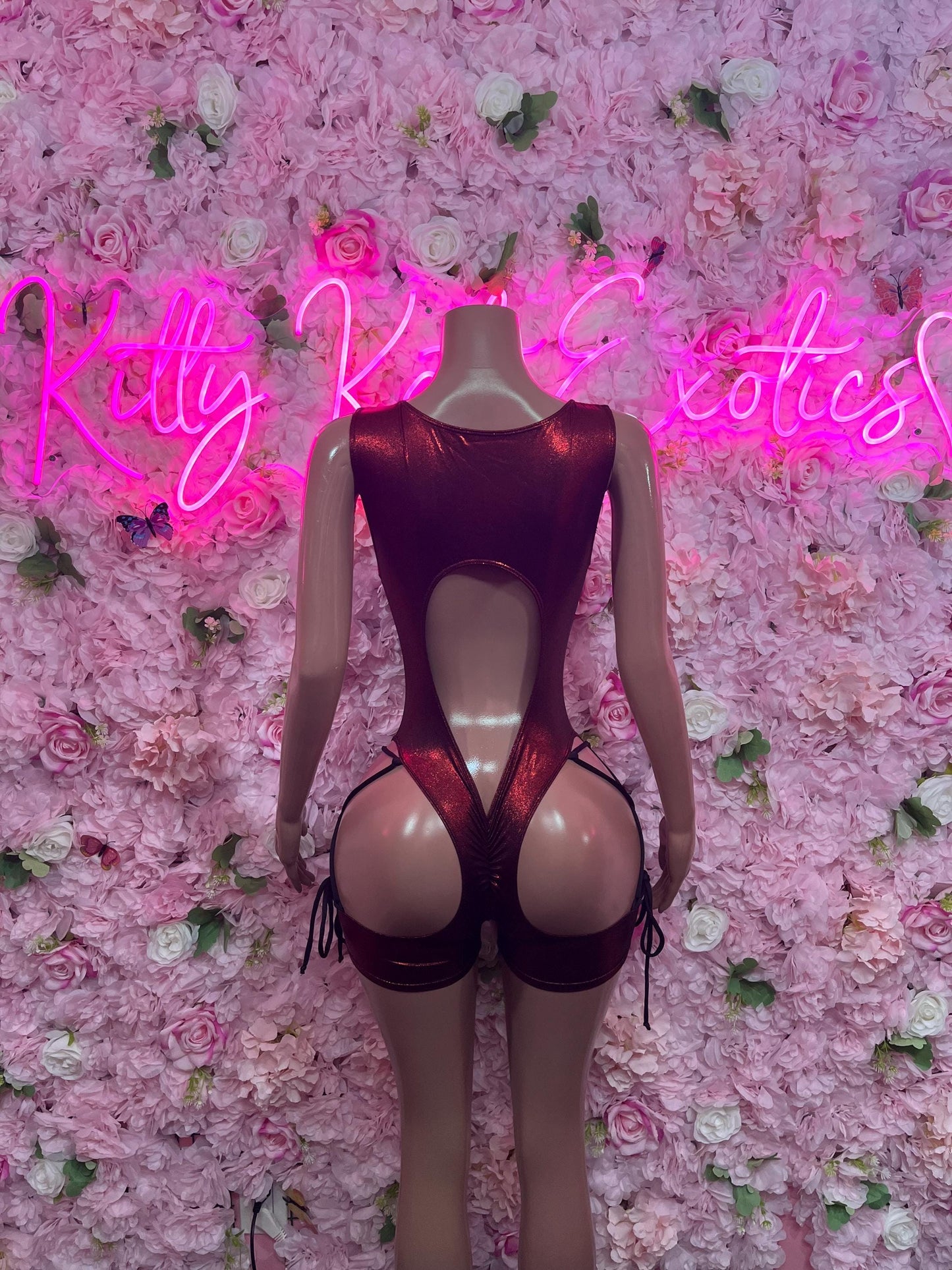 Bottle Girl One-Piece Bodysuit - Cherry Red Metallic Design | Exotic Dancewear for Performers, Raves, & Nights Out