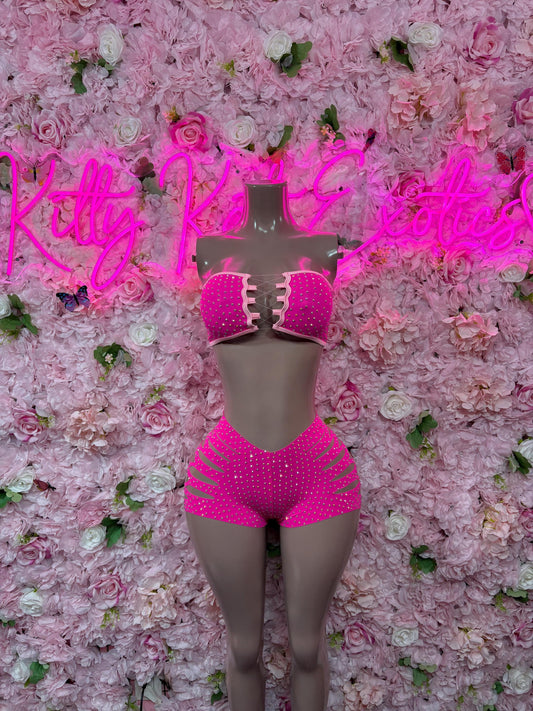 Rave Outfit Two-Piece Pink Rhinestone Bodysuit  Set Vacation | Exotic Dancewear Festival wear