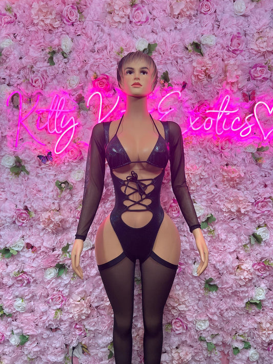 Black metallic cutout one-piece bodysuit with lace-up front and long mesh sleeves