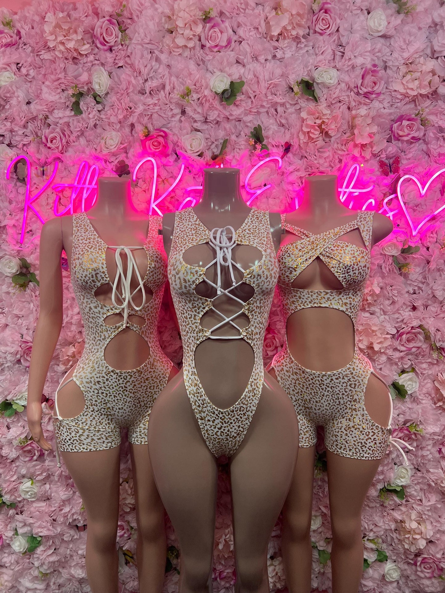 Bottle Girl One-Piece Bodysuit -  White gold Cheetah  Design | Exotic Dancewear for Performers, Raves, & Nights Out