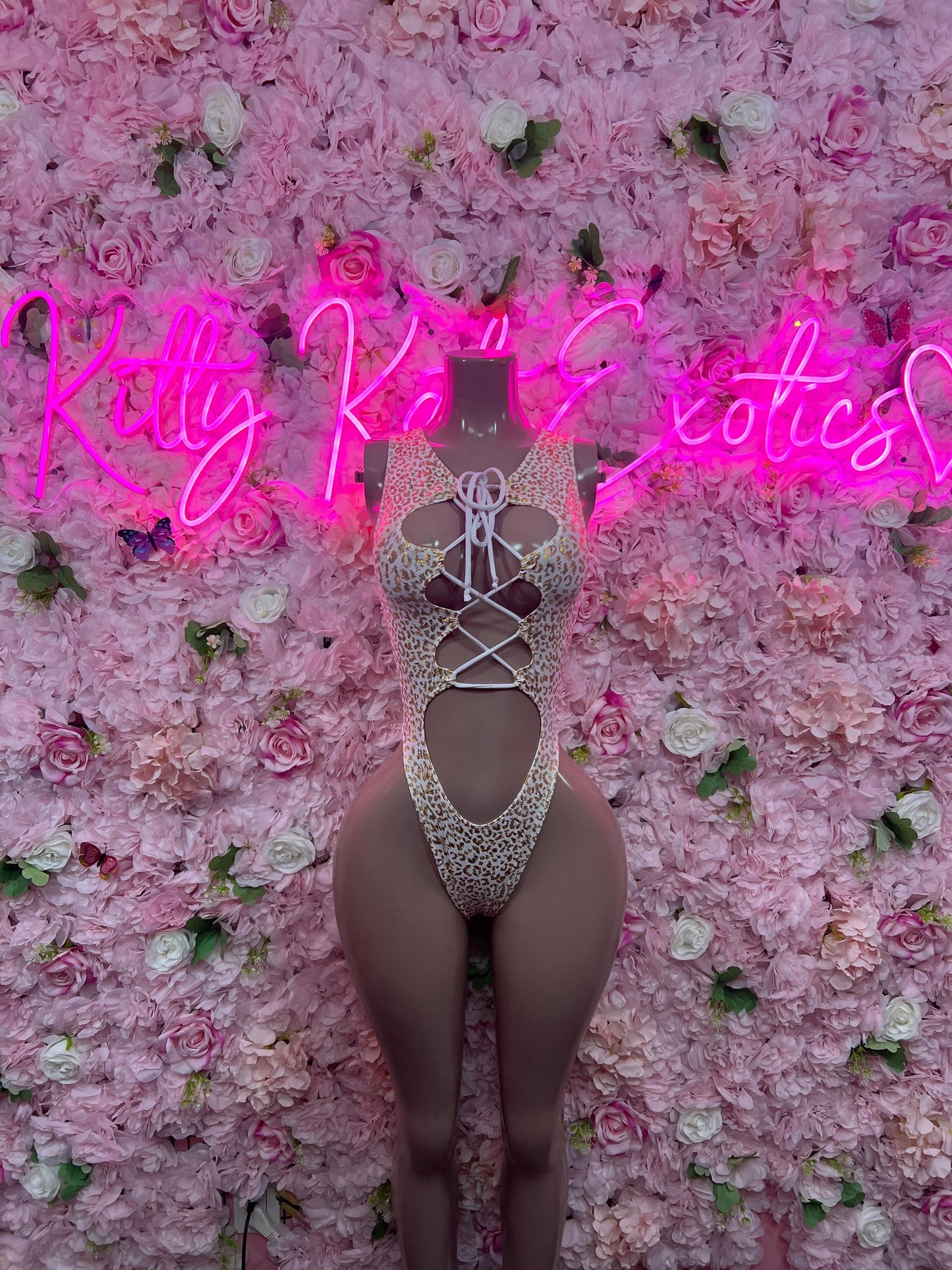 Bottle Girl One-Piece Bodysuit -  White gold Cheetah  Design | Exotic Dancewear for Performers, Raves, & Nights Out