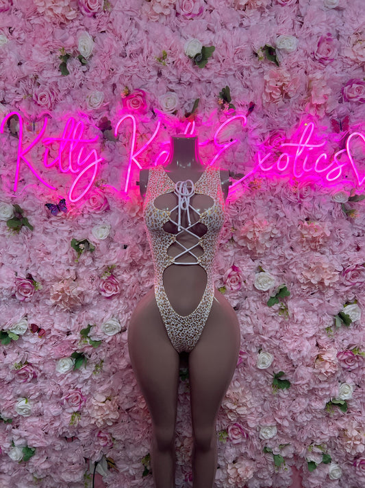 Bottle Girl One-Piece Bodysuit -  White gold Cheetah  Design | Exotic Dancewear for Performers, Raves, & Nights Out