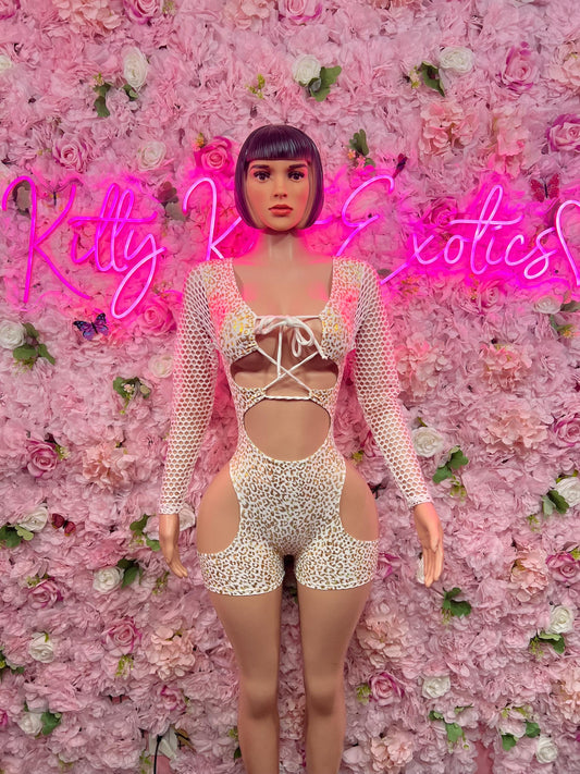 Bottle Girl One-Piece Bodysuit -  White gold Cheetah  Design | Exotic Dancewear for Performers, Raves, & Nights Out