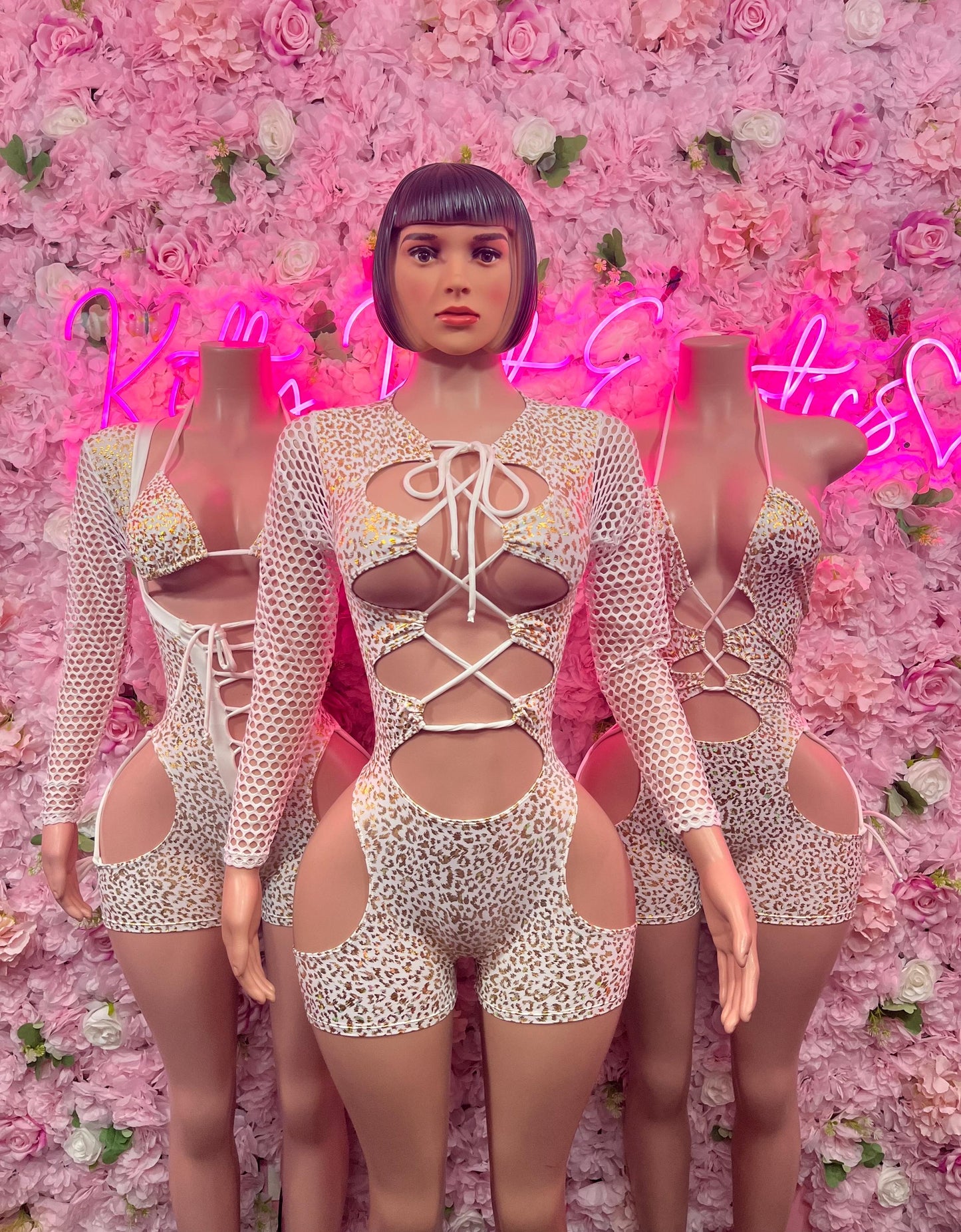 Bottle Girl One-Piece Bodysuit -  White gold Cheetah  Design | Exotic Dancewear for Performers, Raves, & Nights Out