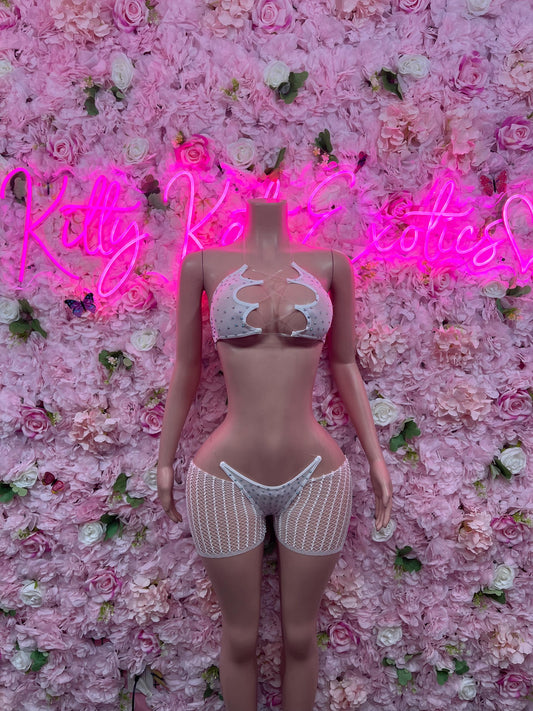 Exotic Dancewear Two Piece Fishnet White Dancewear Exotic Wear Festival Wear
