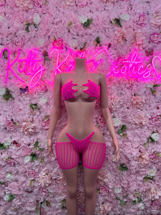 Exotic Dancewear Two Piece Fishnet Pink Dancewear Exotic Wear Festival Wear