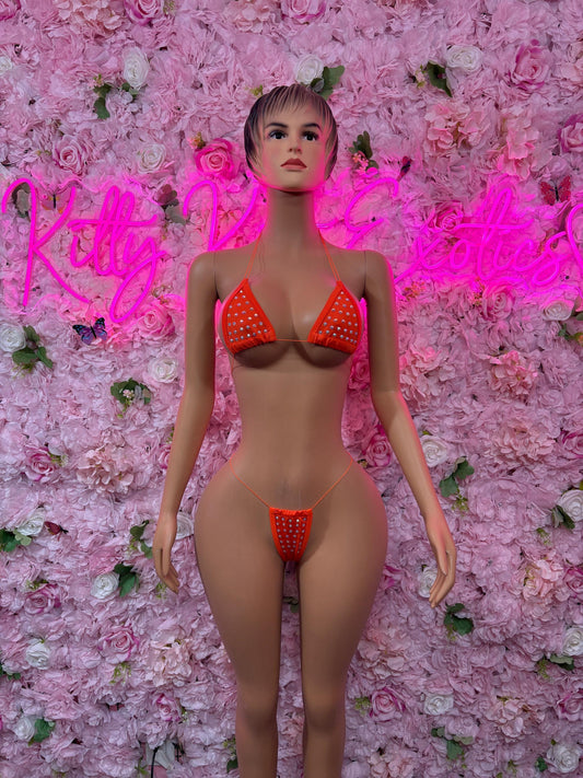 Rave Outfit Two-Piece Orange Rhinestone Gstring  Bikini  Cute Swimsuit Set for Beach, Pool, or Vacation | Exotic Dancewear Festival wear