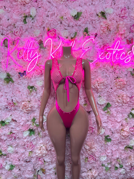 Festival Wear One Piece Pink Fishnet Bodysuit  Exotic Dancewear for Performers, Raves, or Night Out | Sexy and Flattering Style