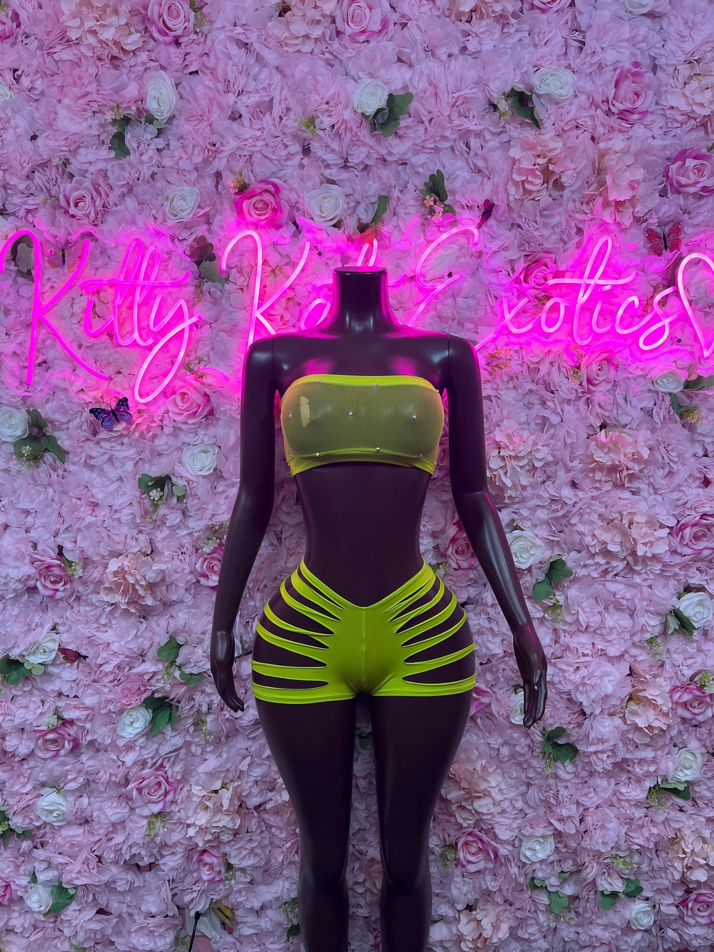 Exotic Dancewear Two Green Cutoff Yellow  Exotic Dancewear for Performers, Raves, or Night Out | Sexy and Flattering Style