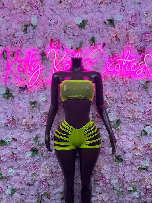 Exotic Dancewear Two Green Cutoff Yellow  Exotic Dancewear for Performers, Raves, or Night Out | Sexy and Flattering Style