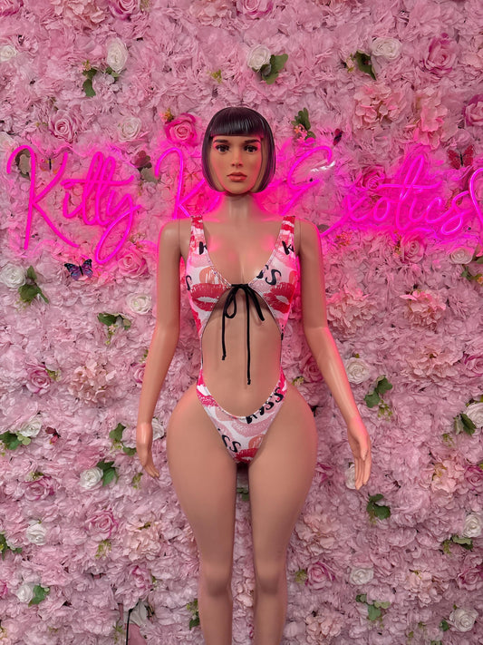 Valentines Day One-Piece Kisses Bodysuit Set - Sexy Romantic Outfit for Date Night - Cute Gift for Her