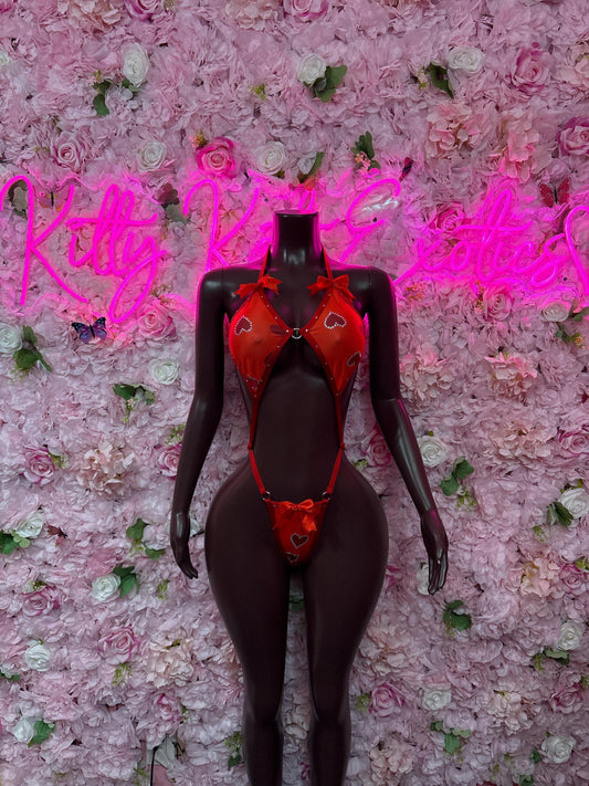 Valentines Day Exotic Dancewear One-Piece Slingshot Bodysuit  - Sexy Hearts Romantic Outfit for Date Night - Cute Gift for Her