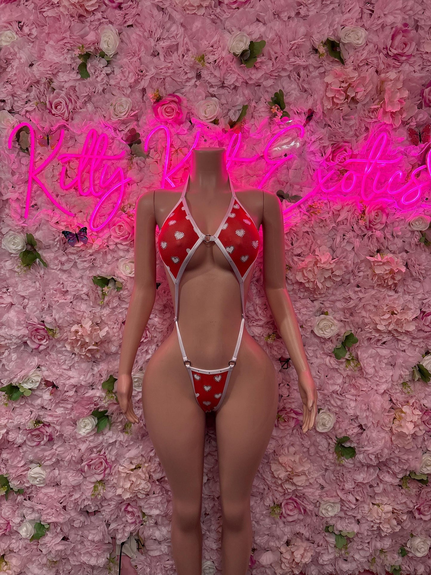 Valentines Day Exotic Dancewear One-Piece Slingshot Bodysuit  - Sexy Hearts Romantic Outfit for Date Night - Cute Gift for Her