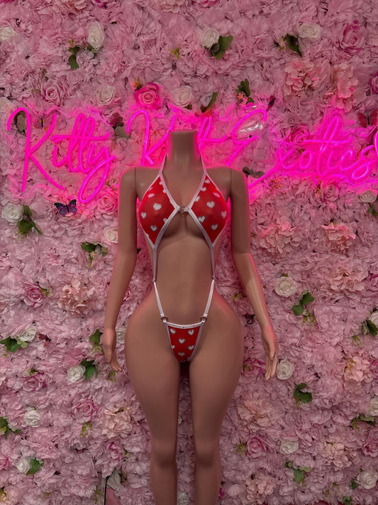 Valentines Day Exotic Dancewear One-Piece Slingshot Bodysuit  - Sexy Hearts Romantic Outfit for Date Night - Cute Gift for Her