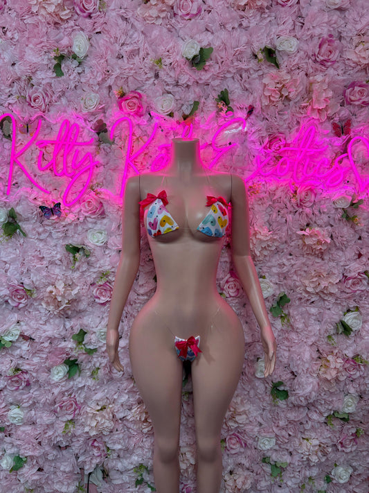 Hearts Valentines Day Exotic Dancewear Two-Piece Bikini  - Sexy Hearts Romantic Outfit for Date Night - Cute Gift for Her