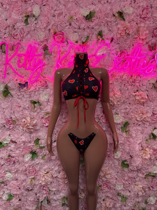 Valentines Day Exotic Dancewear Two-Piece Bodysuit  - Sexy Hearts Romantic Outfit for Date Night - Cute Gift for Her