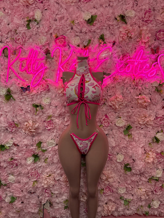 Valentines Day Exotic Dancewear Two-Piece Bodysuit  - Sexy Hearts Romantic Outfit for Date Night - Cute Gift for Her