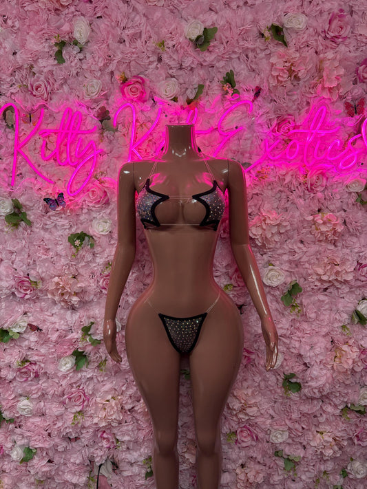 Exotic Dancewear Two-Piece Black/Silver Rhinestone   Bartender  | Exotic Dancewear Festival wear Rave Outfit