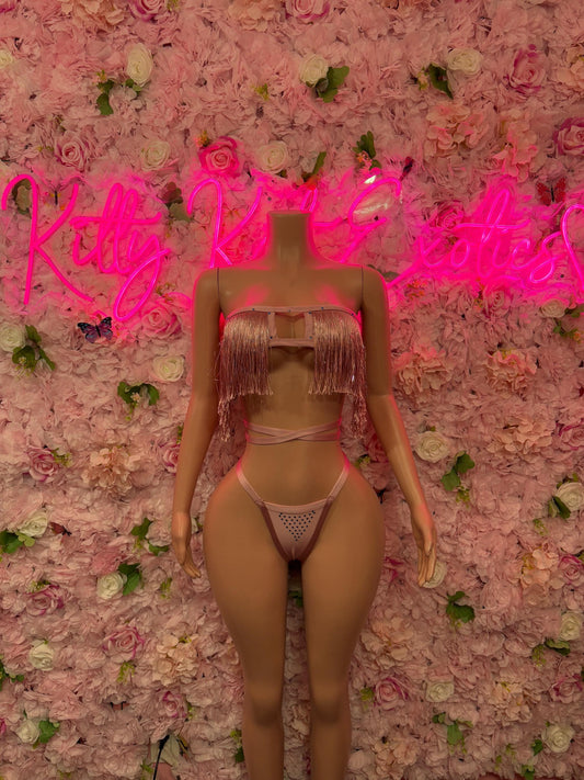 Rave Outfit Two Piece Baby Pink Fringe Dancewear Ravewear Exoticwear