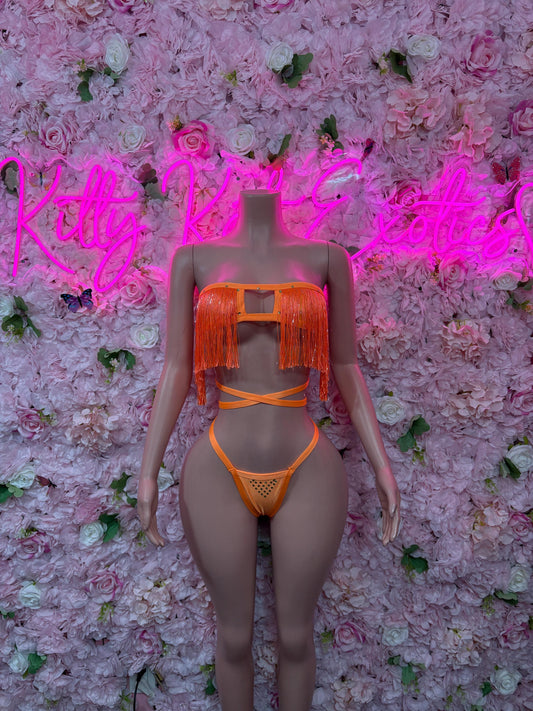 Rave Outfit Two Piece Orange Fringe Dancewear Ravewear Exoticwear